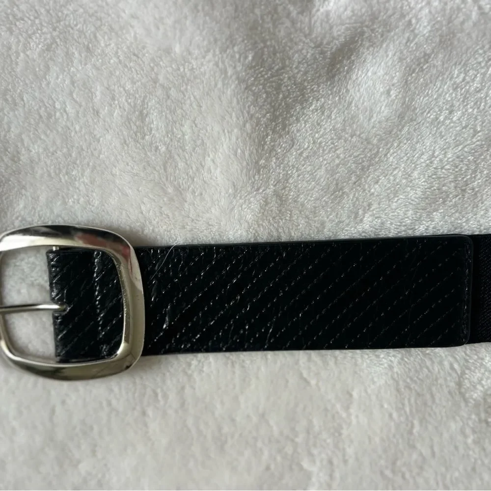 Black Wide Stretch Belt with Silver Statement Buckle Textured Faux Leather